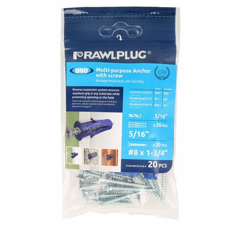 Rawlplug Wall Anchor, 1-1/2" L, Polypropolyne, 20 PK R-S0-UNO5/16+8-2